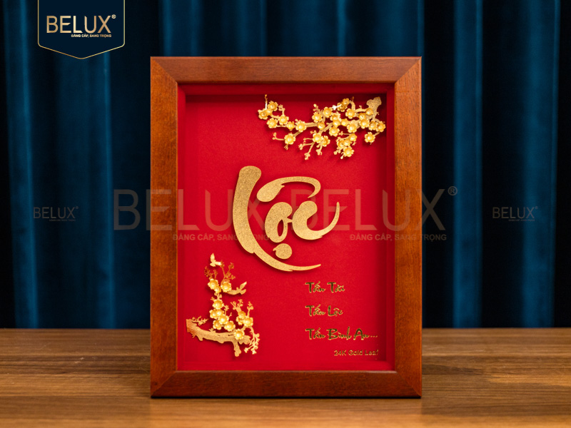 Tranh Chữ Lộc Nền Đỏ Dát Vàng 24k 25x20cm